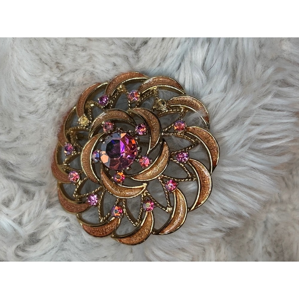 Vintage Gold Tone Aurora Borealis Rhinestone Sunburst Floral Brooch Pin 5cm